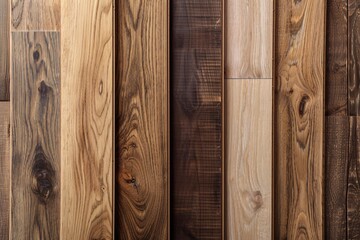 A collection of various natural tone parquet and laminate floor samples, arranged vertically against an oak wood background.