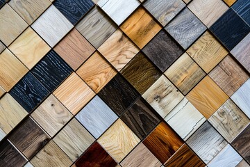 Various square samples of wood laminate flooring and vinyl tiles arranged in a grid, showing different textures and colors.