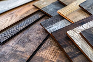A range of wood laminate flooring and vinyl tile samples in various shades and textures, arranged on a flat surface. Pile of wooden laminate flooring samples, close-up