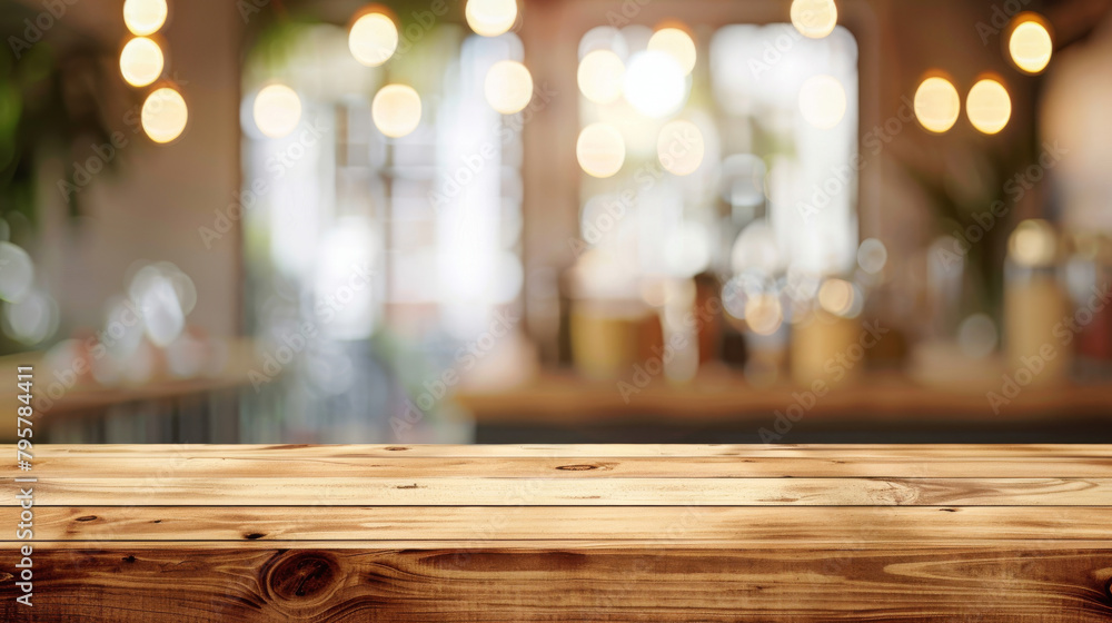 Aufkleber ideal product display in a cozy ambiance: empty wooden surface with a bokeh of lights