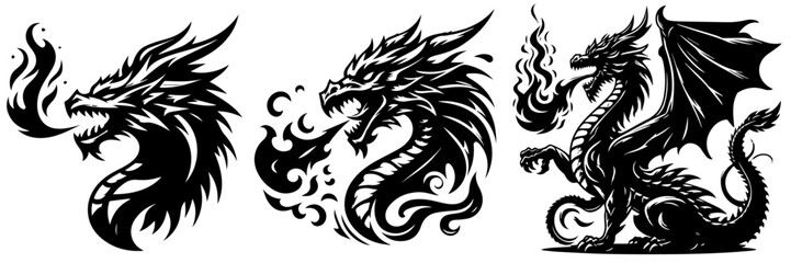 dangerous dragon and fire, black animal shape silhouette vector, monochrome print clipart illustration, laser cutting engraving nocolor
