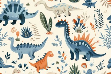 Seamless pattern, cute dinosaurs, on a light background, children's illustration style