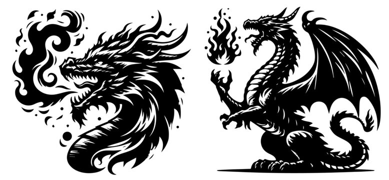 recommend clip art: dangerous dragon and fire, black animal shape silhouette vector, monochrome print clipart illustration, laser cutting engraving nocolor