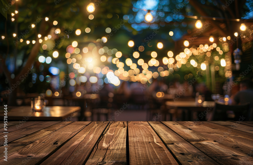 Poster elegant wooden tabletop with a backdrop of twinkling bokeh lights, ideal for product display