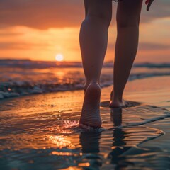 Closeup of beautiful woman feet model walking on the beach shore at sunset scene. AI generated image