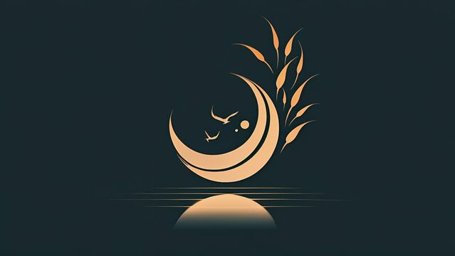 Logo of the crescent moon rising over the ocean with a leafy twig blowing in the wind for a wellness, massage, spirituality or healing center