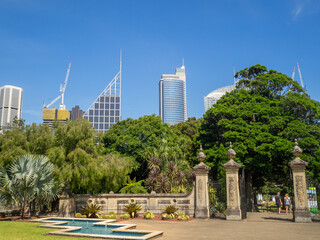 Sydney's Royal Botanic Gardens entrance with CBD skyscrapers in background