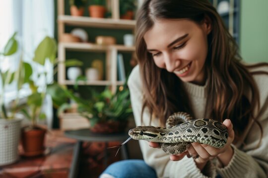 A woman in a cozy sweater is seen interacting with a pet snake amid houseplants, showcasing a bond with exotic pets