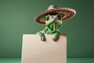a chameleon holding a blank sign dressed in mexican sombrero hat and clothing