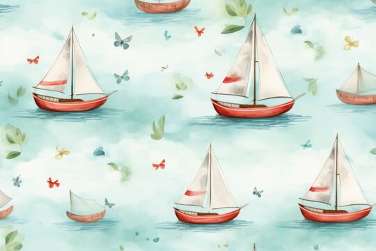 Seamless pattern, cute sailing ships surrounded by butterflies, on a light background, repeating pattern, watercolor style