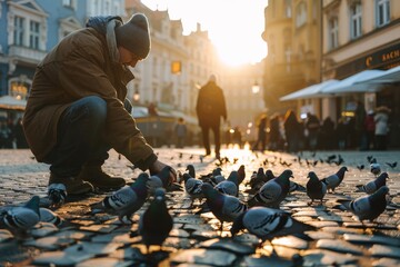 A man in winter attire bends down to feed a flock of pigeons on a bustling cobblestone city square...