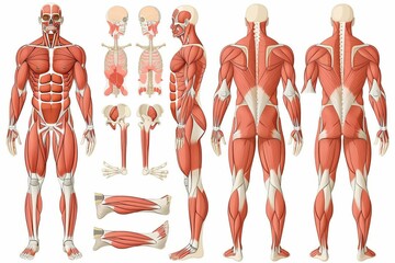 human muscular system anatomy illustration with detailed muscle groups and fibers - obrazy, fototapety, plakaty