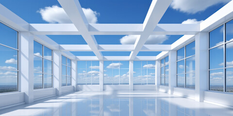 white empty room with glass walls without ceiling with a blue sky and white clouds as the background