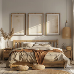 Cozy bedroom interior with wooden bed and three frames on the wall, rendered in stunning