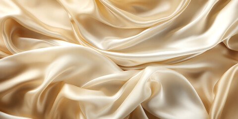 crumpled beige golden silk fabric with soft, luxurious texture and is draped in folds