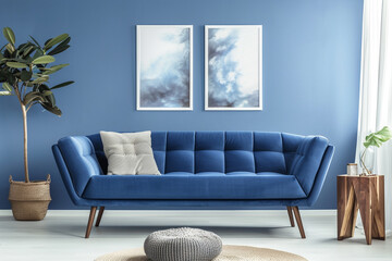 Cozy Blue Living Room with Stylish Sofa and Artistic Poster