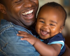 A man holding a baby and smiling at the camera. Generative AI.