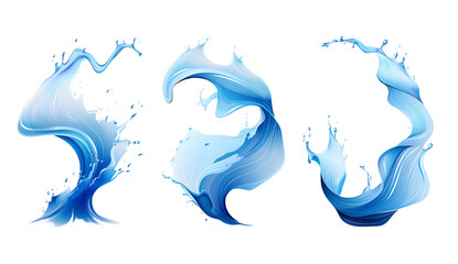 3 vector blue water splashes isolated on white background.