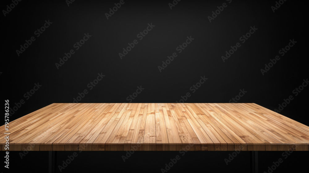 Poster Empty bamboo table ideal for product display with a dark, elegant backdrop