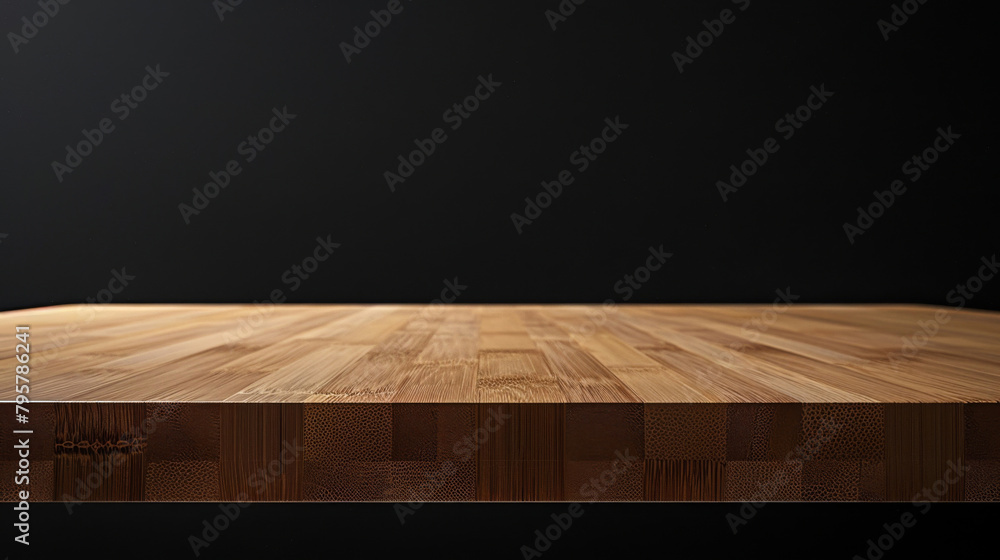 Poster high-quality image spotlighting a stylish wooden tabletop with a shadowy backdrop, ideal for product