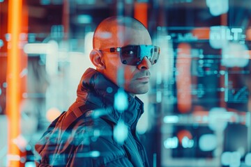 An image of a man in front of bright neon lights, giving off a futuristic and technological vibe