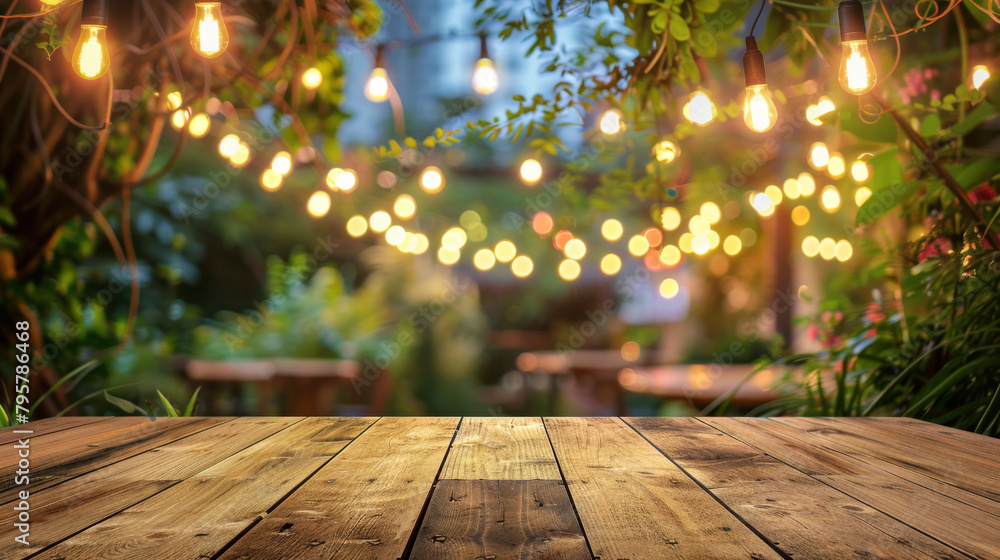 Poster Inviting product display on rustic wooden tabletop with festive lights background