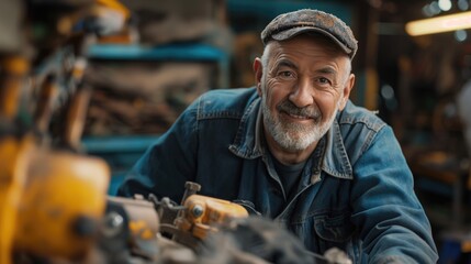 Portrait of a senior auto mechanic in his garage smiling at the camera.