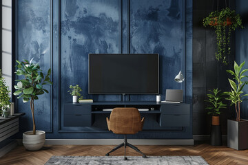 Cozy Dark Blue Home Office with TV Screen Mockup