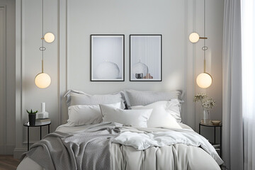 Cozy Scandinavian Bedroom with Minimalist Poster Frame in Soft Lighting