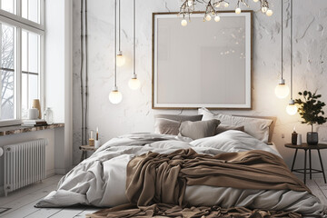 Cozy Scandinavian Bedroom with Minimalist Poster Frame in Soft Lighting