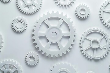 interlocking white gears on minimal background modern industry and process concept top view