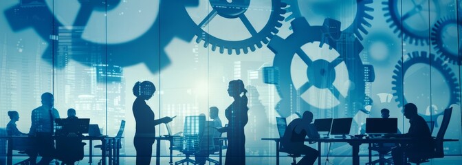 Double exposure of digital gears and business people working together in an office setting, with a blue color theme Generative AI