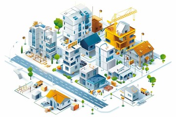 isometric housing project development process infographic concept illustration