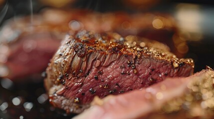 A close-up perfectly cooked dry-aged beef and ready to serve