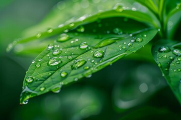 macro closeup of water drops on fresh green leaf nature background