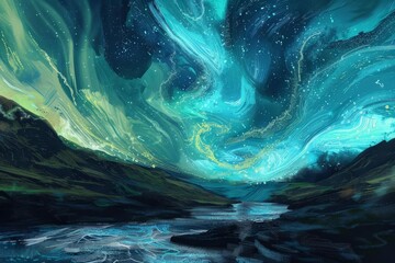 majestic aurora borealis over icelandic landscape generative ai illustration - obrazy, fototapety, plakaty