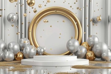 majestic grand opening celebration with shimmering gold and silver elements 3d illustration