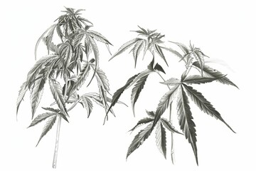 male and female cannabis plant pencil illustrations isolated on white botanical drawings hemp