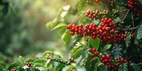 Fresh coffee beans ripening on lush trees in a serene plantation. Nature's artistry in the making, promising a rich brew ahead ☕🌱 #CoffeeJourney