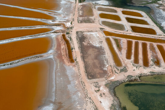Colorful salt lagoons in Toledo from aerial view