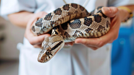 Examination of a snake at the veterinary specialist - reptile doctor