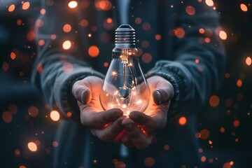 A light bulb in the dark being held by a person's hands with a bokeh background