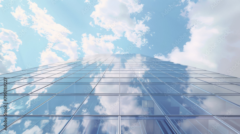 Poster reflective glass skyscraper with clouds and blue sky in a low-angle view