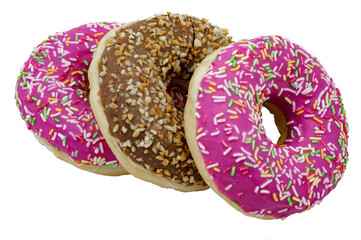 Pink donuts. White donuts. Pink and white sweets. Vanilla and berry donuts.