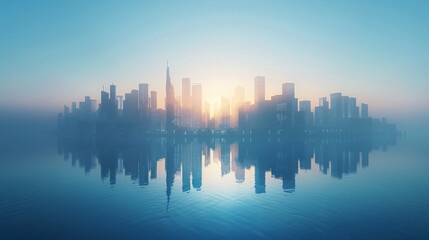 Serenity of dawn over a reflected cityscape with tranquil water below