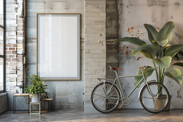 Fototapeta na wymiar Industrial Chic Loft Setting with Bicycle and Blank Poster Template Design