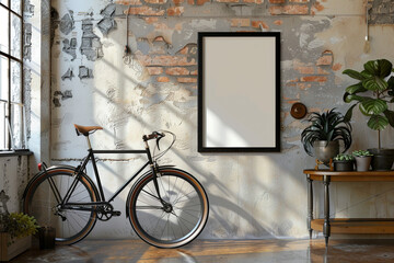 Industrial Chic Loft Setting with Bicycle and Blank Poster Template Design