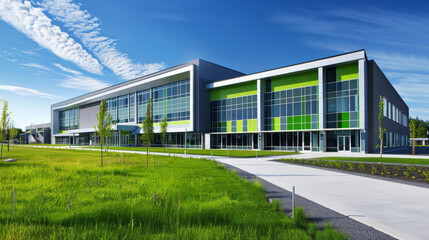 Fototapeta na wymiar Sunny day view of a modern office building with vibrant green details