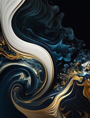 Blue and Gold Liquid Wave Wallpaper. Curve Mixed Blended Fluid Texture. Abstract Artistic Marvel in Fluid Patterns. Luxurious Design Aesthetic with Vibrant Textures