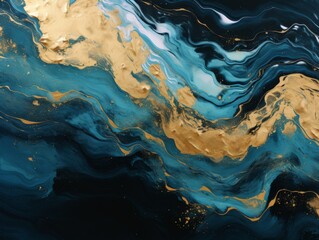 Obraz premium Blue and Gold Liquid Wave Wallpaper. Curve Mixed Blended Fluid Texture. Abstract Artistic Marvel in Fluid Patterns. Luxurious Design Aesthetic with Vibrant Textures